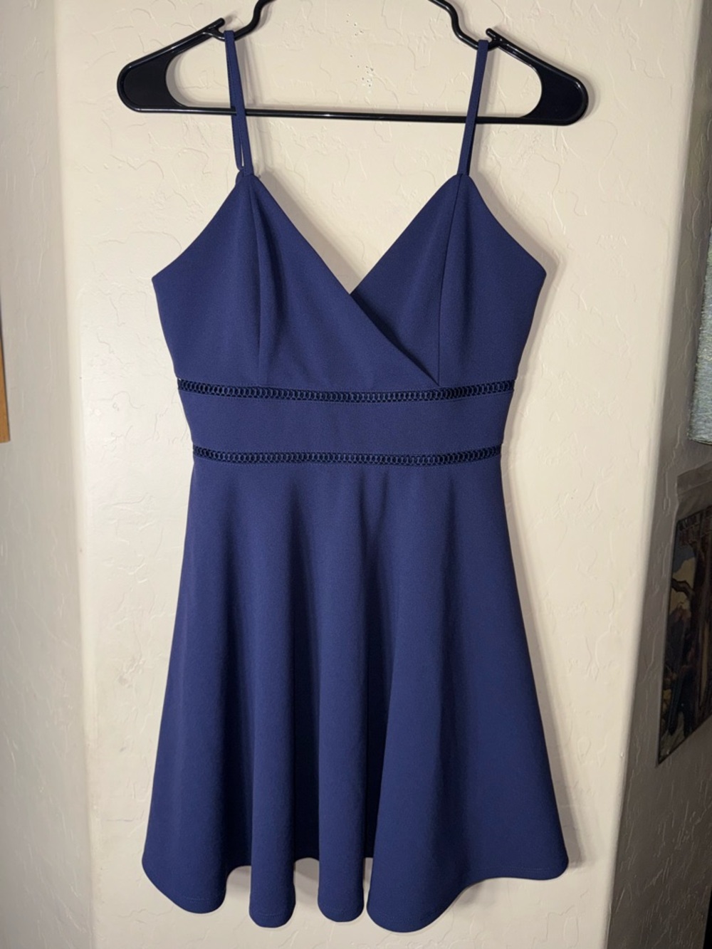 Jun & Ivy Blue Fit Flare Skater Dress Spaghetti Strap Faux Wrap Medium